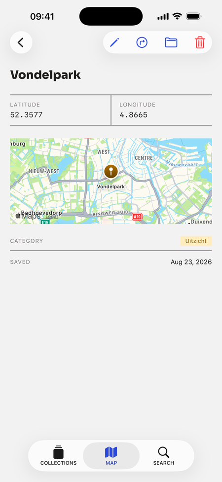 Dearplace saved place showing its location on a map
